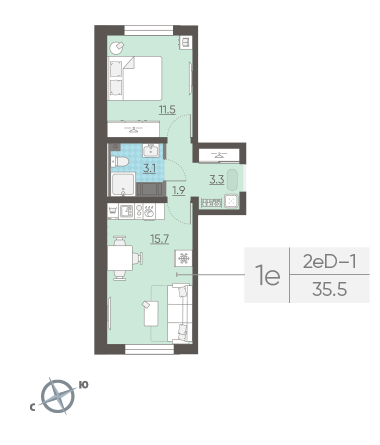 Однокомнатная квартира 35.5 м²