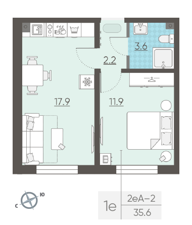 Однокомнатная квартира 35.6 м²