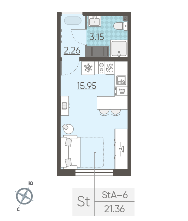 Студия 21.36 м²