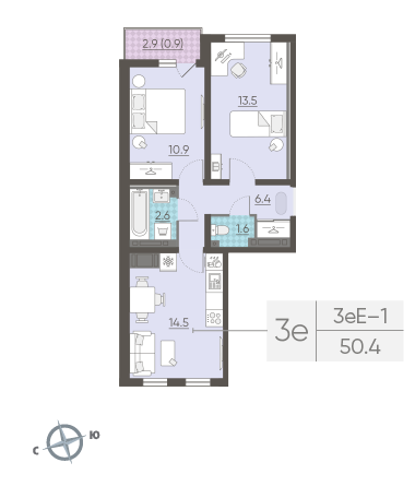 Двухкомнатная квартира 50.4 м²
