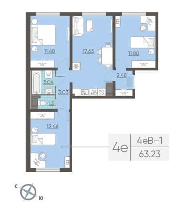 Трёхкомнатная квартира 63.23 м²
