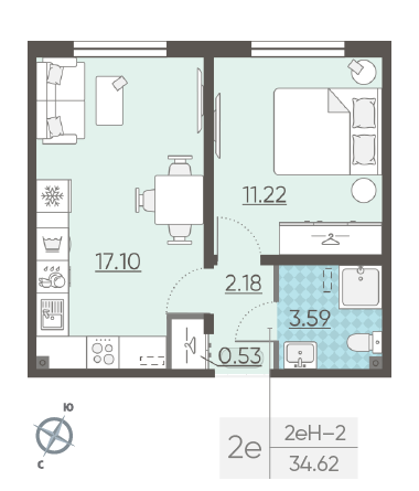 Однокомнатная квартира 34.62 м²