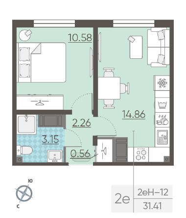 Однокомнатная квартира 31.41 м²