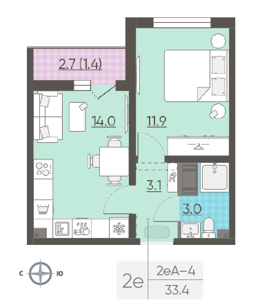 Однокомнатная квартира 33.4 м²
