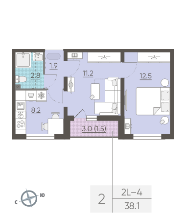 Двухкомнатная квартира 38.1 м²
