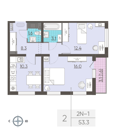 Двухкомнатная квартира 53.3 м²