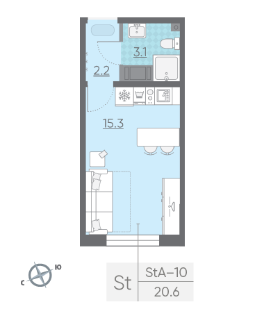 Студия 20.6 м²
