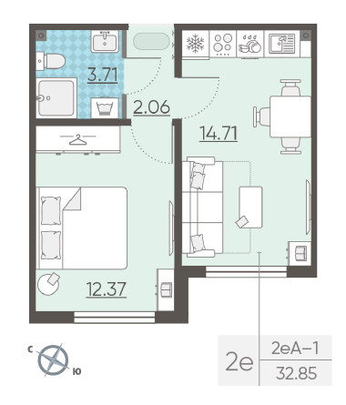 Однокомнатная квартира 32.85 м²