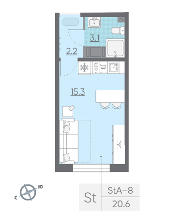 Студия 20.6 м²