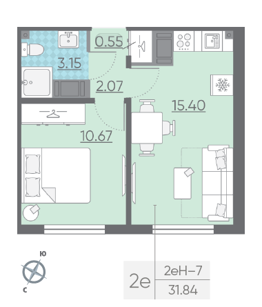 Однокомнатная квартира 31.84 м²