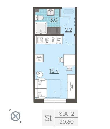 Студия 20.6 м²