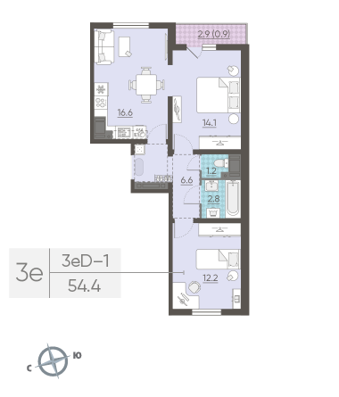 Двухкомнатная квартира 54.4 м²