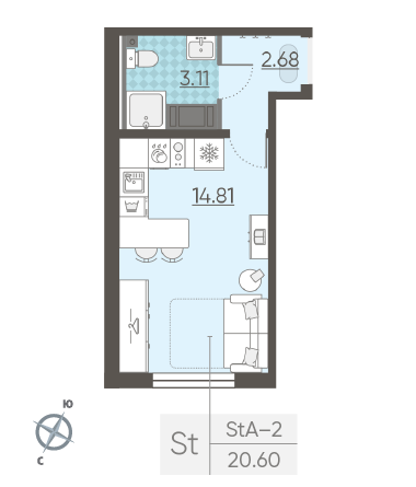 Студия 20.6 м²