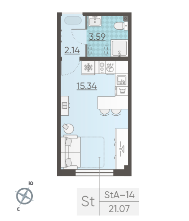 Студия 21.07 м²