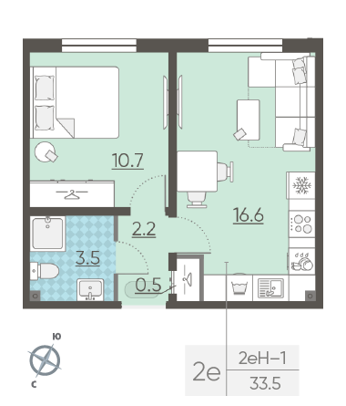Однокомнатная квартира 33.5 м²