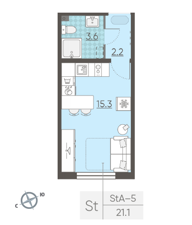 Студия 21.1 м²