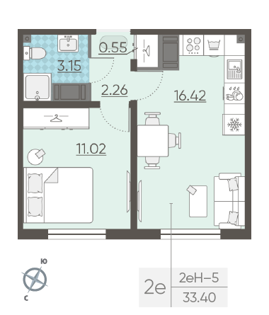 Однокомнатная квартира 33.4 м²