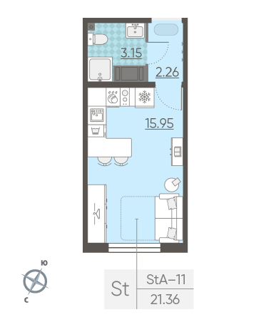 Студия 21.36 м²