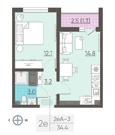 Однокомнатная квартира 34.4 м²