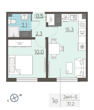 Однокомнатная квартира 31.2 м²