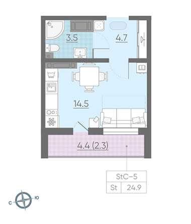 Студия 24.9 м²