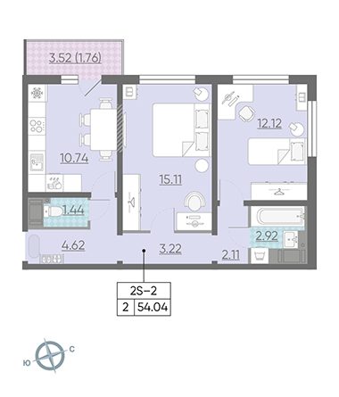 Двухкомнатная квартира 54.5 м²