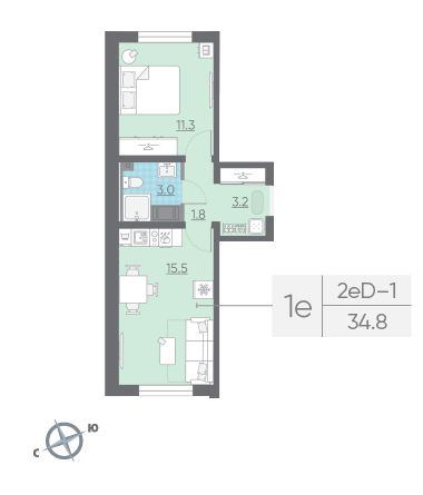 Однокомнатная квартира 34.8 м²
