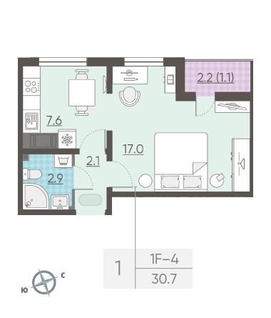 Однокомнатная квартира 30.7 м²