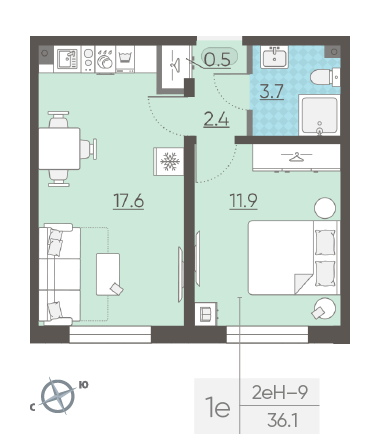Однокомнатная квартира 36.1 м²