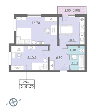 Двухкомнатная квартира 51.7 м²