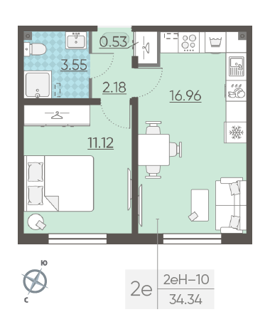 Однокомнатная квартира 34.34 м²