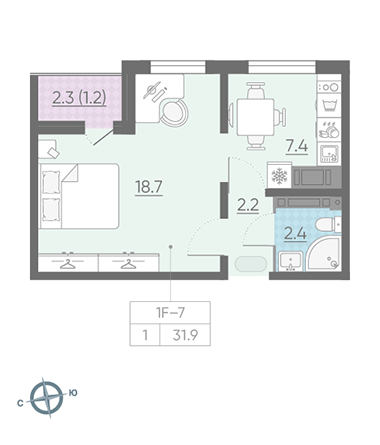 Однокомнатная квартира 31.9 м²