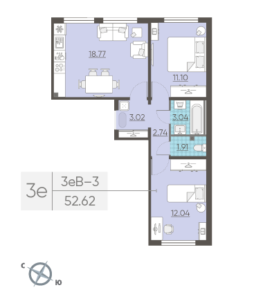 Двухкомнатная квартира 52.62 м²