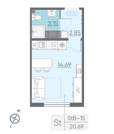 Студия 20.69 м²