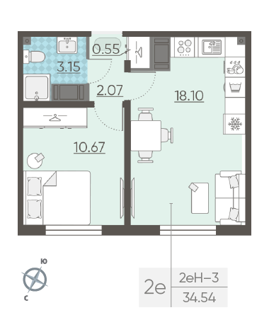 Однокомнатная квартира 34.54 м²