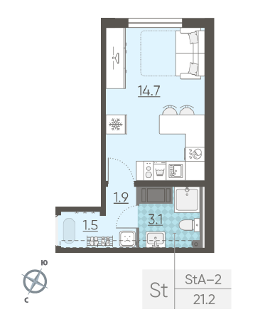 Студия 21.2 м²