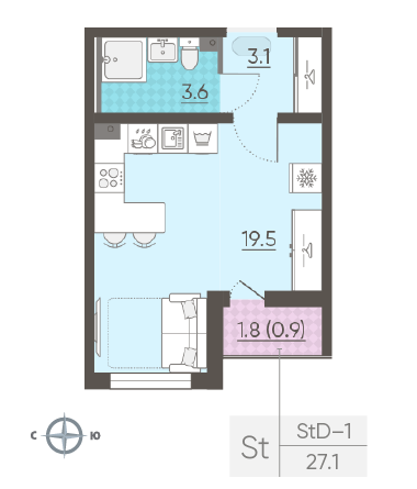 Студия 27.1 м²