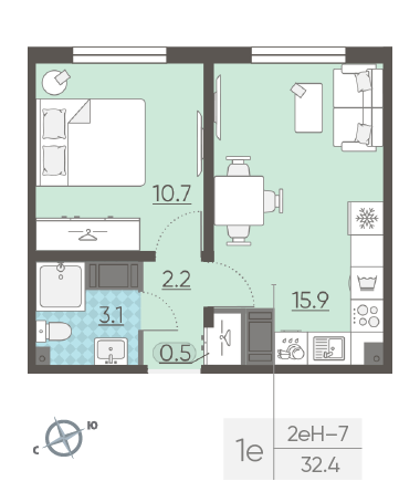 Однокомнатная квартира 32.4 м²