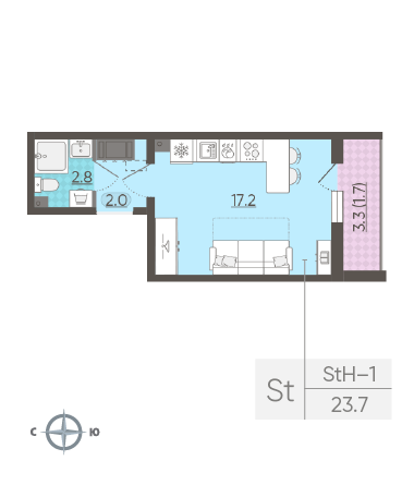 Студия 23.7 м²