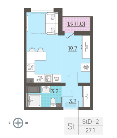 Студия 27.1 м²