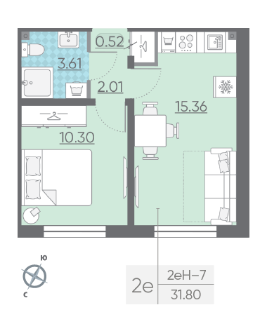 Однокомнатная квартира 31.8 м²