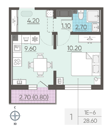Однокомнатная квартира 28.6 м²
