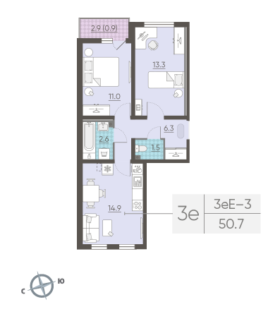 Двухкомнатная квартира 50.7 м²
