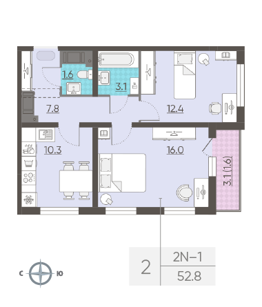 Двухкомнатная квартира 52.8 м²