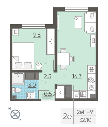 Однокомнатная квартира 32.1 м²
