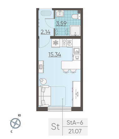 Студия 21.07 м²