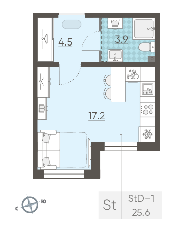 Студия 25.6 м²