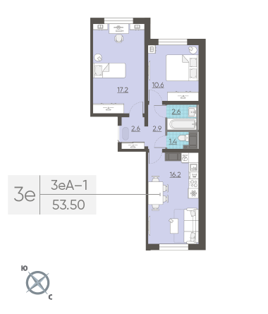Двухкомнатная квартира 53.5 м²