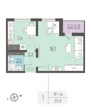 Однокомнатная квартира 31.9 м²