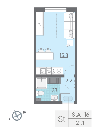 Студия 21.1 м²